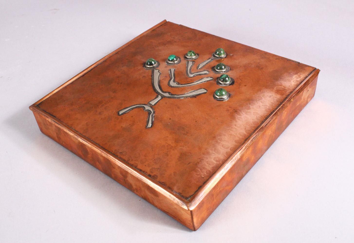 A JEWISH COPPER INLAID SILVER & STONE LIDDED MIRROR BOX, inlaid with silver and semi precious