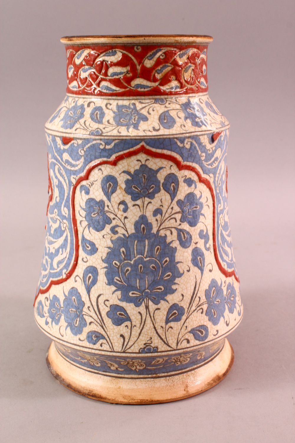 A FRENCH POTTERY IZNIK STYLE POTTERY VASE, with a hite ground and sy blue decoration with floral - Image 3 of 6