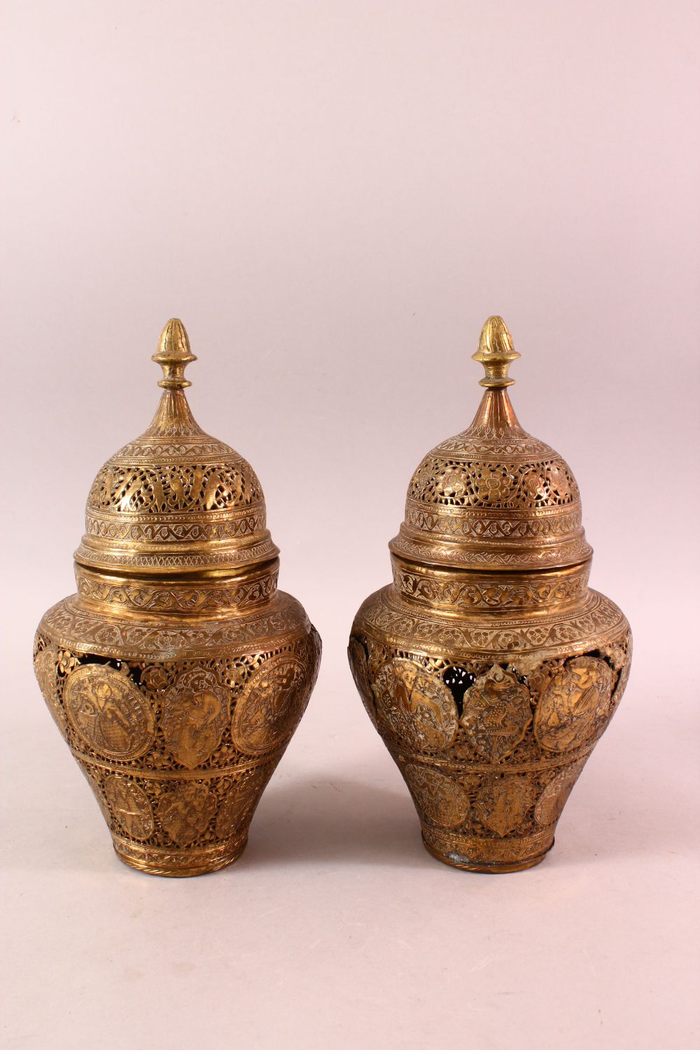A PAIR OF QAJAR OPENWORK BRASS VASES & COVERS, with roundel figural decoration, 28cm - Image 5 of 7