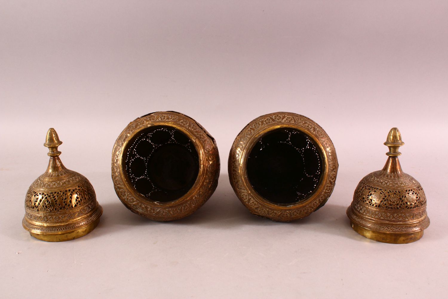 A PAIR OF QAJAR OPENWORK BRASS VASES & COVERS, with roundel figural decoration, 28cm - Image 6 of 7