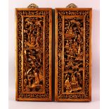 A PAIR OF 19TH CENTURY GILT WOOD CARVED HANGING PANELS, each carved with immortals in landscapes,