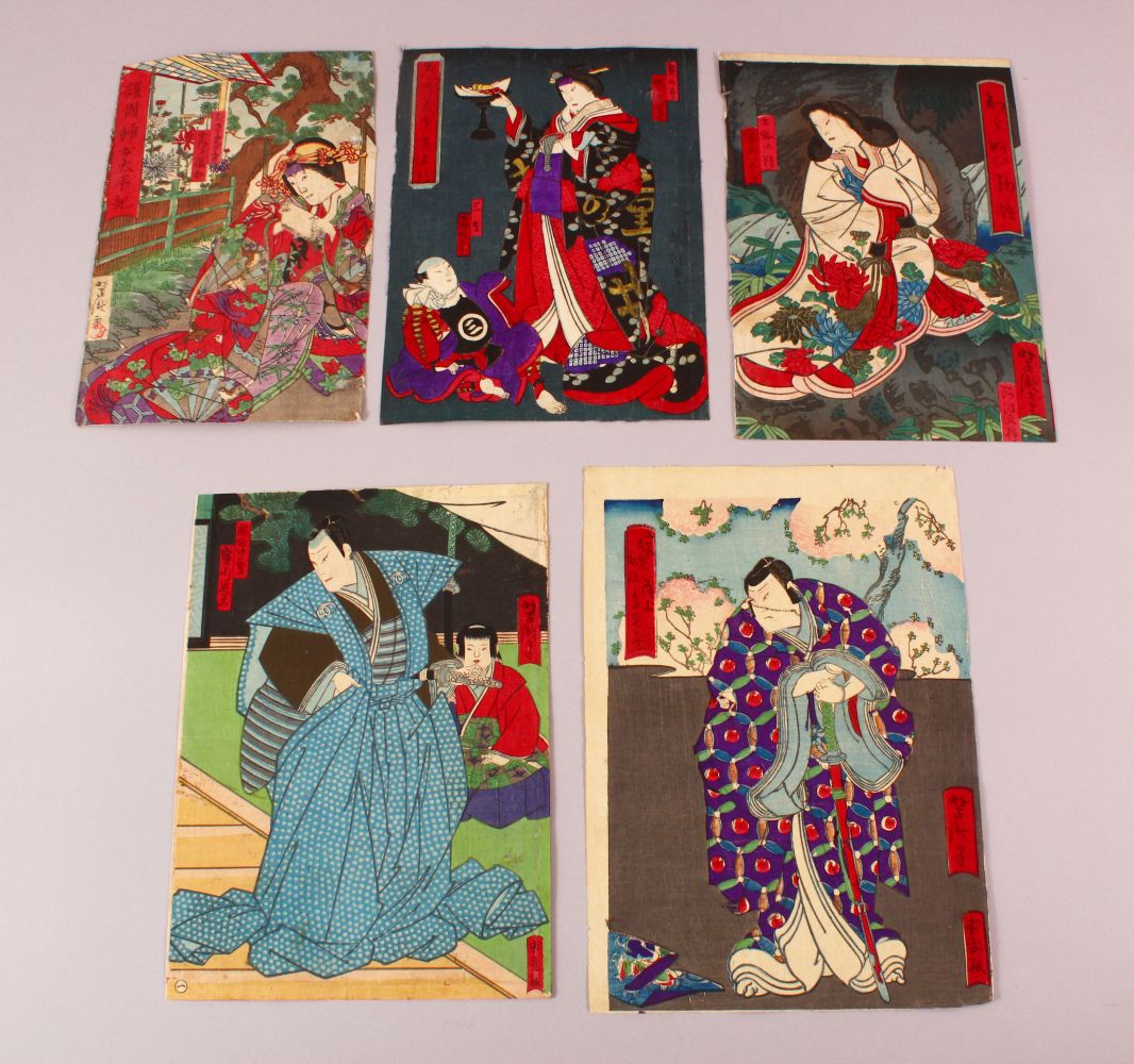 FIVE JAPANESE MEIJI PERIOD WOODBLOCK PRINTS BY YOSHITAKI UTAGAWA ( 1841 - 1899 ), each depicting