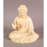 A JAPANESE MEJI PERIOD CARVED IVORY OKIMONO OF BUDDHA in a seated meditation position, the base with