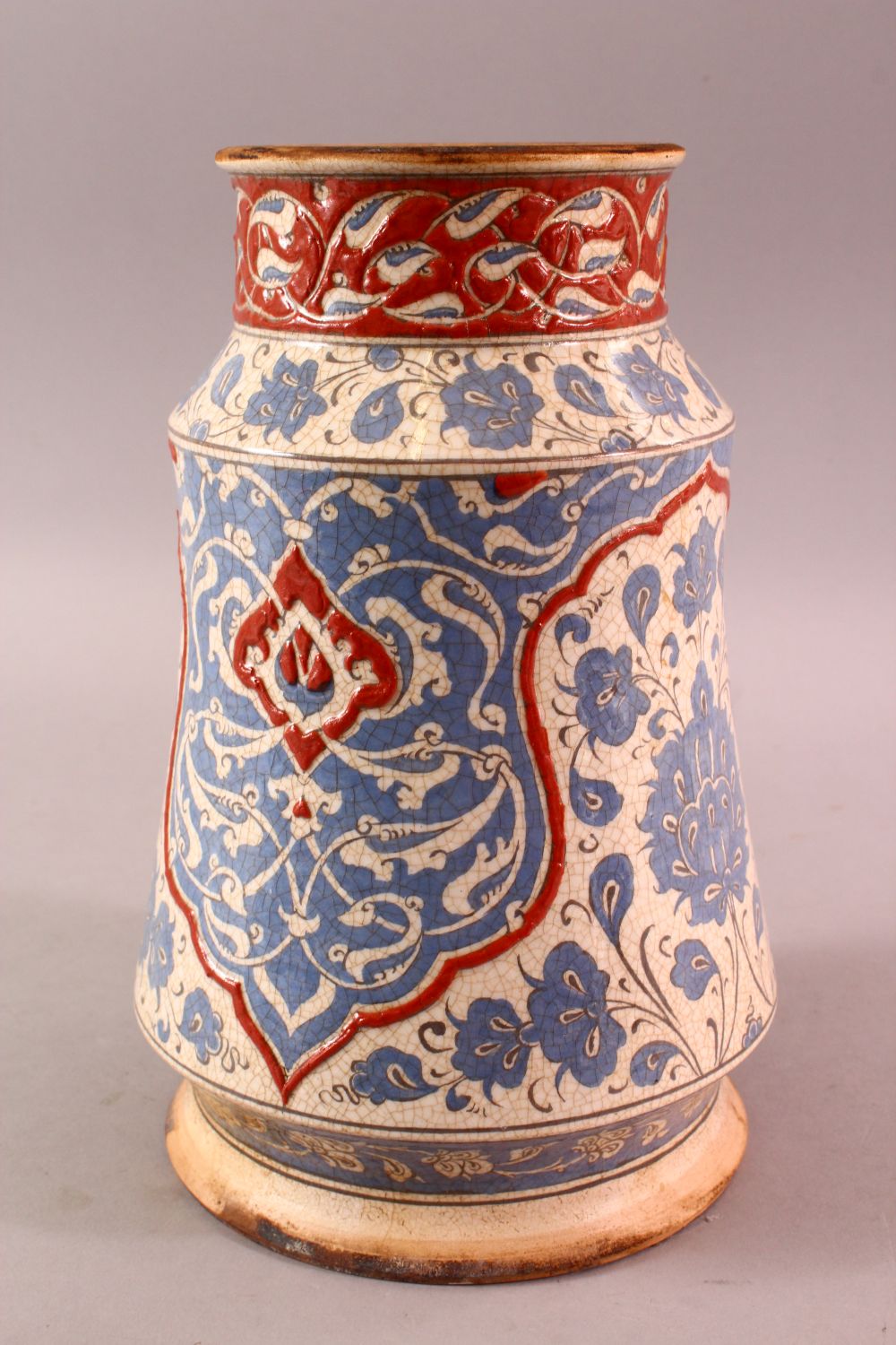 A FRENCH POTTERY IZNIK STYLE POTTERY VASE, with a hite ground and sy blue decoration with floral - Image 4 of 6