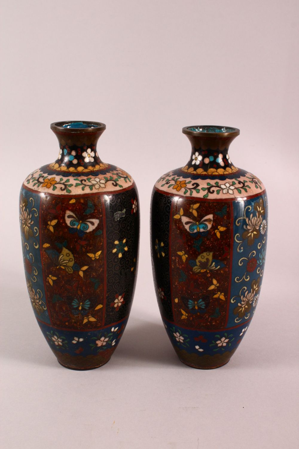 A PAIR OF JAPANESE CLOISONNE VASES, decorated with phoenix, flowers and butterflies, 22cm high. - Image 3 of 6