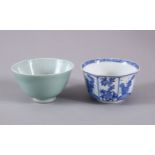 TWO CHINESE PORCELAIN BOWLS, one kangxi style with panel decoration of flora, the base wwith a six