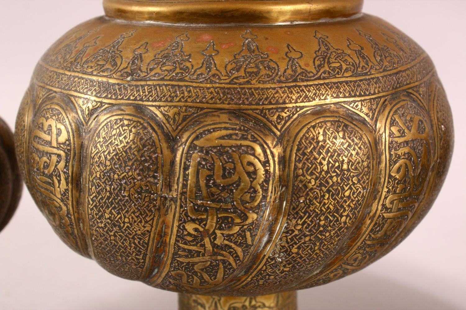 THREE PERSIAN ISLAMIC CALLIGRAPHIC BRASS VASES, each with calligraphy and motif decoration, 43cm , - Image 3 of 9