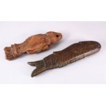 TWO INDIAN CARVED WOOD SPICE BOXES in the form of fish, 43cm and 35cm.