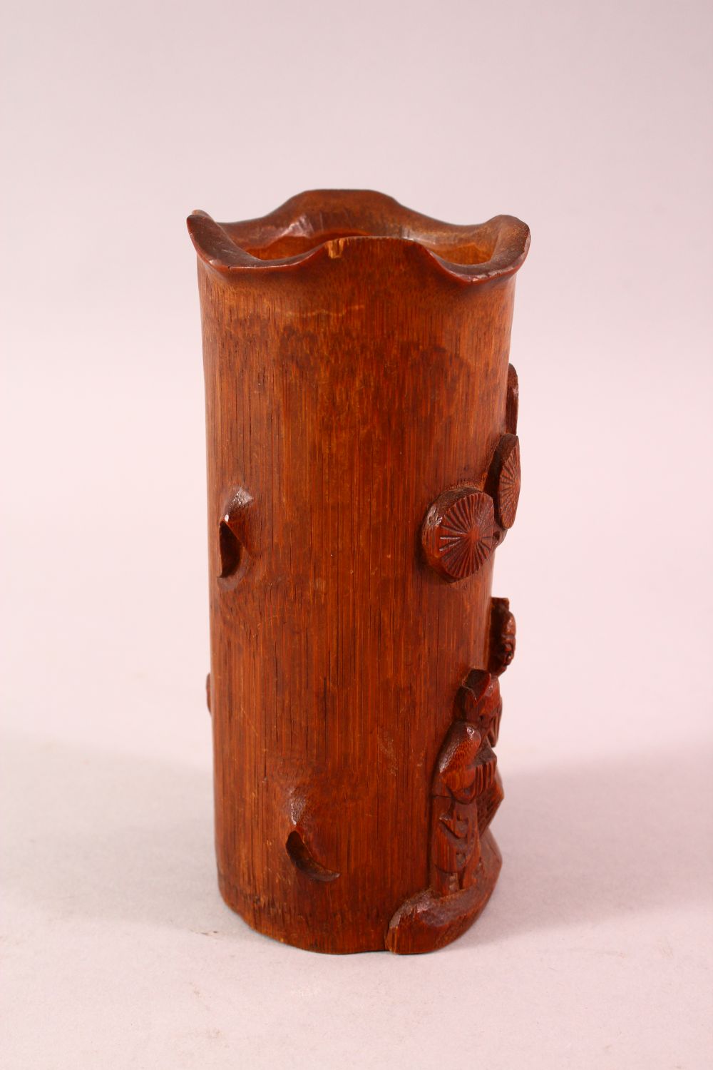 A CHINESE CARVED BAMBOO BRUSH WASH, carved with immortal and pine, 15cm. - Image 3 of 6