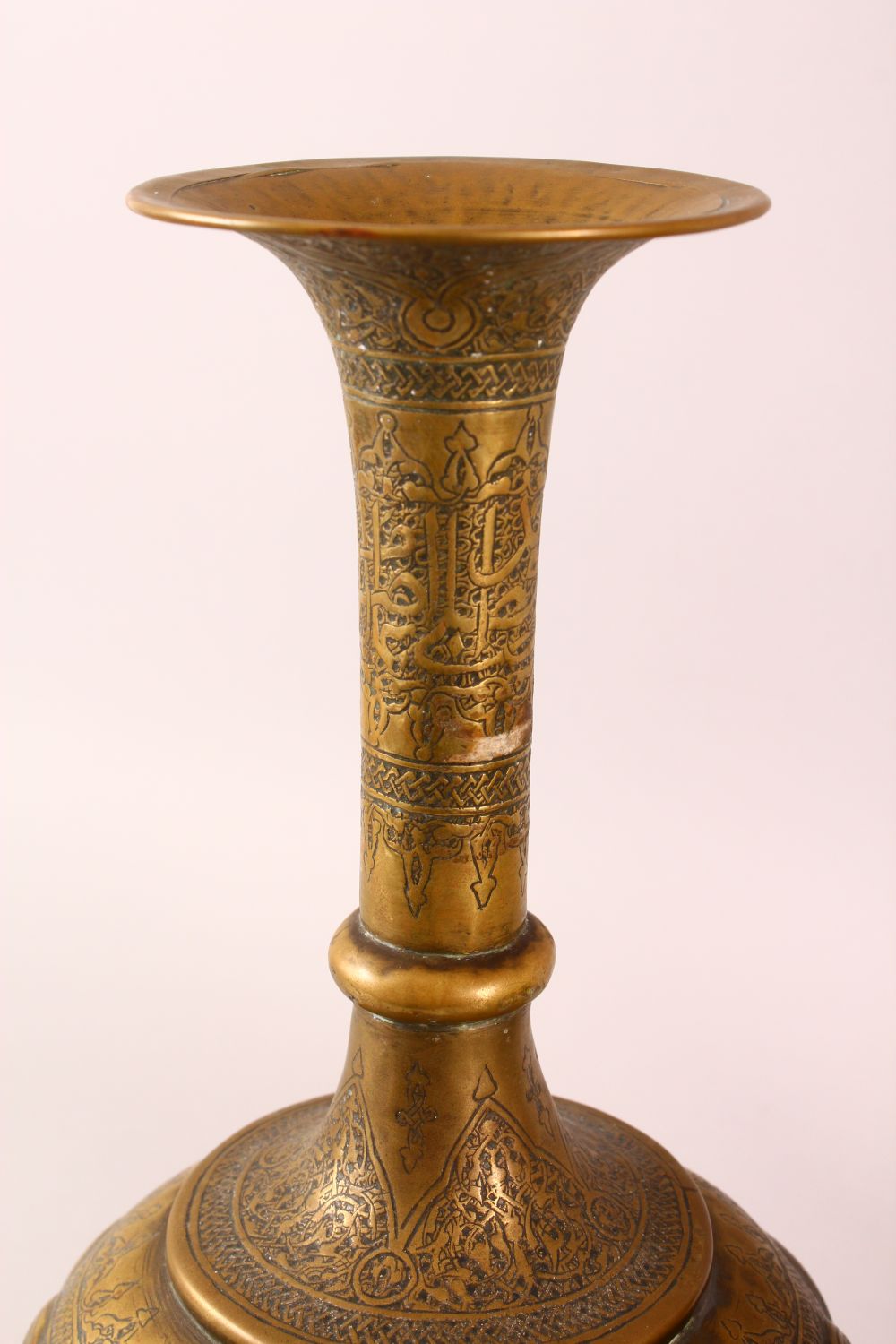 THREE PERSIAN ISLAMIC CALLIGRAPHIC BRASS VASES, each with calligraphy and motif decoration, 43cm , - Image 4 of 9