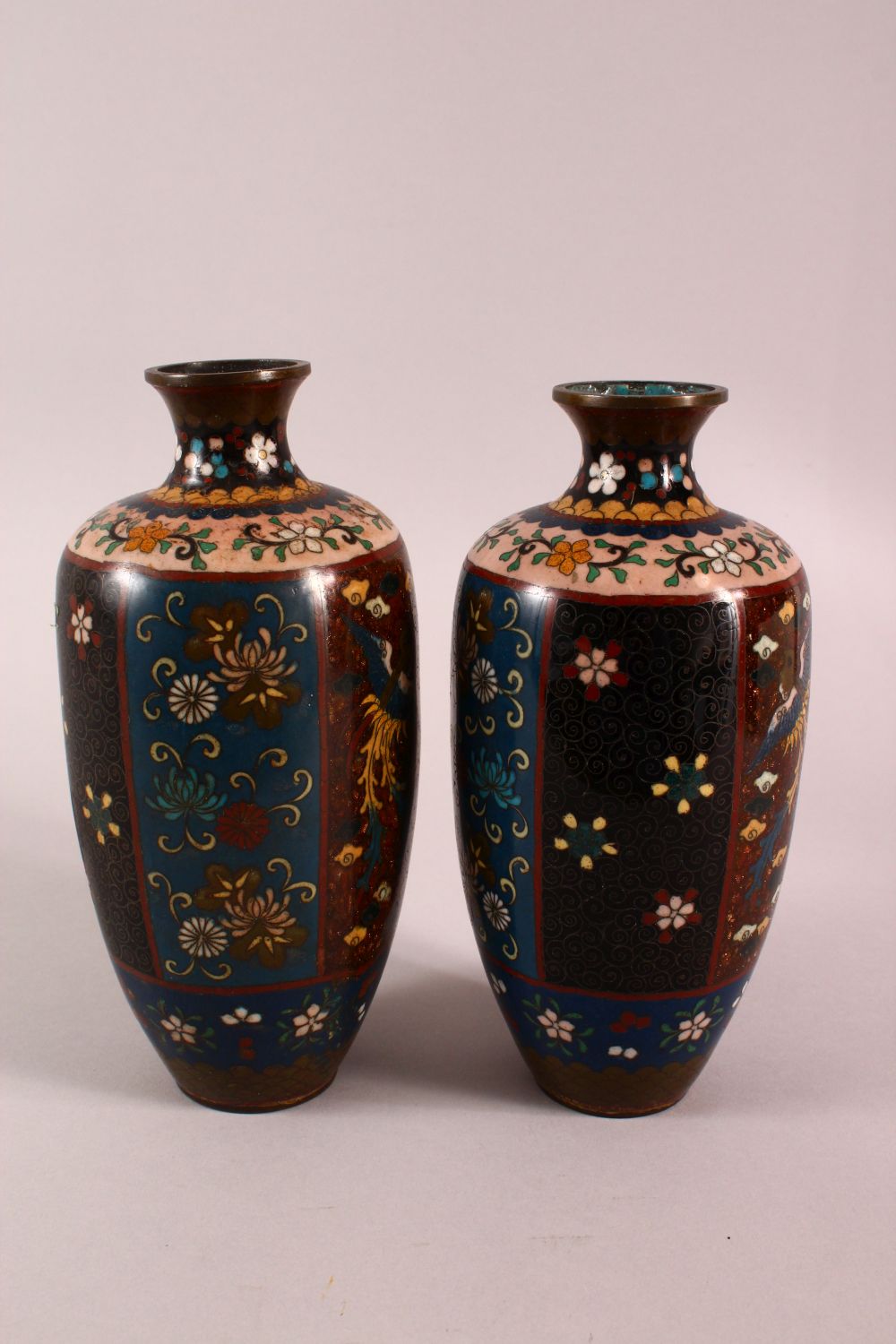 A PAIR OF JAPANESE CLOISONNE VASES, decorated with phoenix, flowers and butterflies, 22cm high. - Image 2 of 6