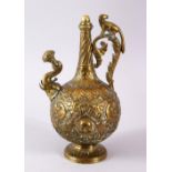 A 19TH CENTURY INDIAN SHIVA BRASS MOULDED EWER, with a stopper, the handle with an animal, the