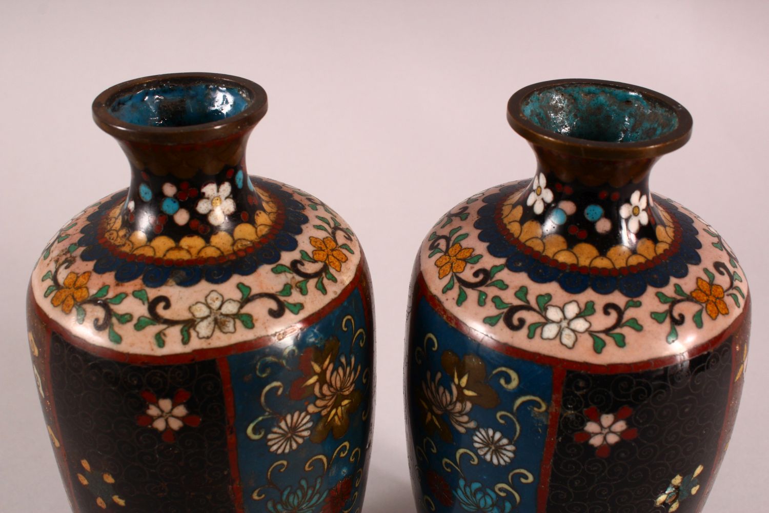 A PAIR OF JAPANESE CLOISONNE VASES, decorated with phoenix, flowers and butterflies, 22cm high. - Image 5 of 6