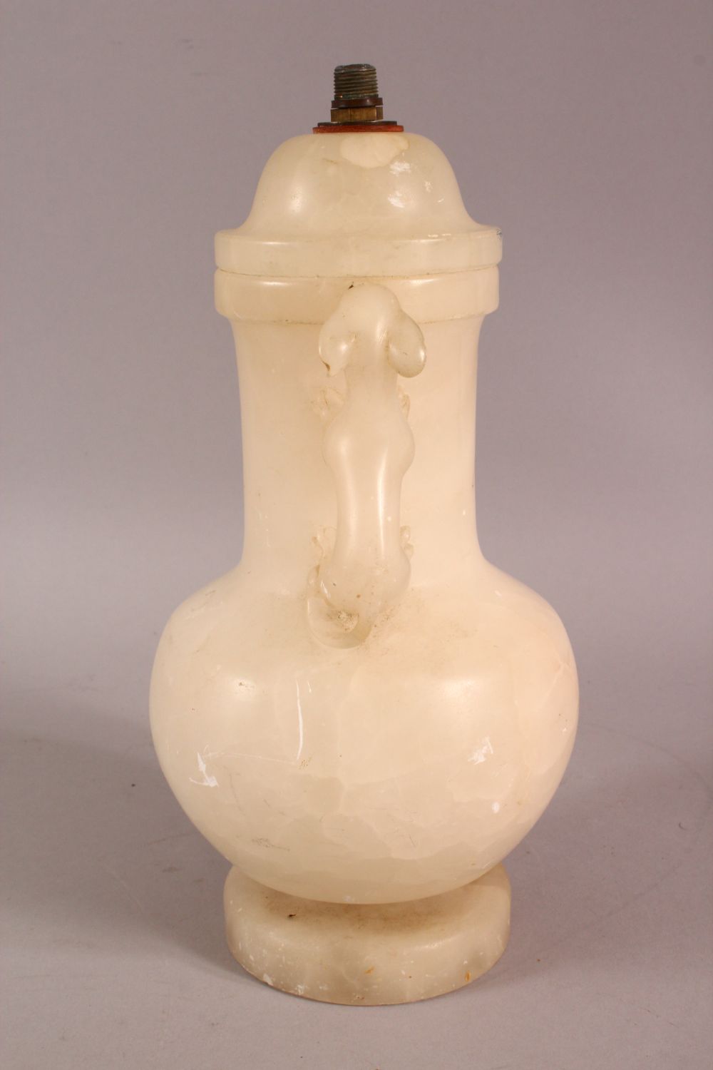 A CHINESE STYLE WHITE ONYX CARVED LIDDED VASE / LAMP, with twin moulded beast handles, overall 26. - Image 6 of 7