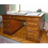 A GOOD GEORGE III MAHOGANY DESK with inset leather top, three frieze drawers, three drawers to