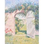 Diane Monett (20th Century), A view of a formal garden through a gate, oil on canvas, signed, 20"