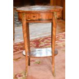 A GOOD SMALL LOUIS XVI DESIGN INLAID OVAL TWO TIER TABLE, inlaid with figures, foliage and playing