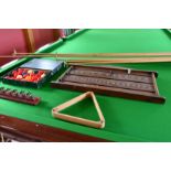 SNOOKER BALLS, SCOREBOARD, CUES, ETC.