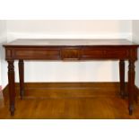 A REGENCY MAHOGANY LONG SIDE TABLE with plain top, two frieze drawers, supported on tapering