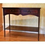 A REPRODUCTION MAHOGANY NARROW SIDE TABLE with two frieze drawers, turned legs with under-tier.