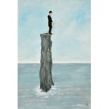 20th Century School, A scene of a man in bowler hat on an outcrop in the sea, acrylic, signed with