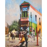 Contemporary School, A scene of figures dancing on a street, Oil on board, indistinctly signed,