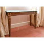 A PAIR OF LONG GILDED SIDE TABLES with marble tops, on fluted legs. 3ft 9ins long x 1ft 1ins wide.