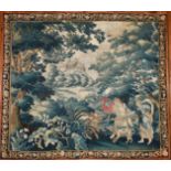 A GOOD EARLY ANTIQUE AUBUSSON TAPESTRY, classical figures fighting a boar with trees and distant
