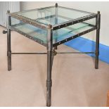 A PAIR OF MODERN GLASS-TOPPED SQUARE TWO-TIER TABLES. 1ft 8ins.