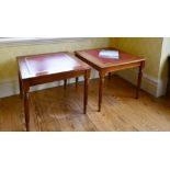 A PAIR OF SQUARE TOP LIBRARY TABLES with inset leather top, on fluted legs. 2ft square.