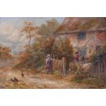 19th Century English School, figures and a donkey outside a cottage, oil on canvas, indistinctly