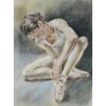 20th Century, A pastel study of a seated ballerina tying her shoe, indistinctly signed, 20" x 16" (