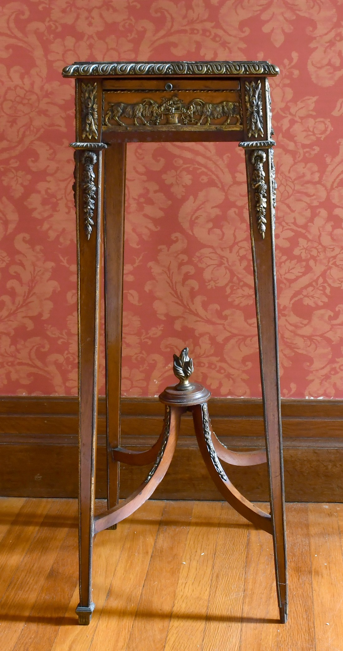 A 19TH CENTURY FRENCH SQUARE MARBLE TOP STAND on tapering legs with cross frame stretcher. 2ft 10ins