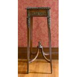 A 19TH CENTURY FRENCH SQUARE MARBLE TOP STAND on tapering legs with cross frame stretcher. 2ft 10ins