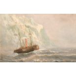 19th/20th century, A paddle steamer approaching an icy headland, oil on board, indistinctly