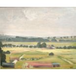 Hugh Boycott Brown (1909-1990) Farm buildings with open fields beyond, oil on panel, 8.5" x 10".