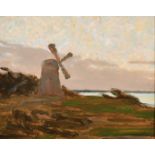 Early 20th century, A scene of a windmill on the coast, oil on panel, signed with initials 'L.