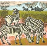Christine Clegg, 'Zebras', colour linocut, signed in pencil, 11.5" x 10.5".