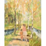 20th century Probably Scandinavian, Children on a path by a river, oil on canvas, indistinctly