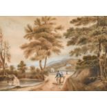 19th century, wayfarers on a country path with a lake and country house beyond, watercolour, 7" x