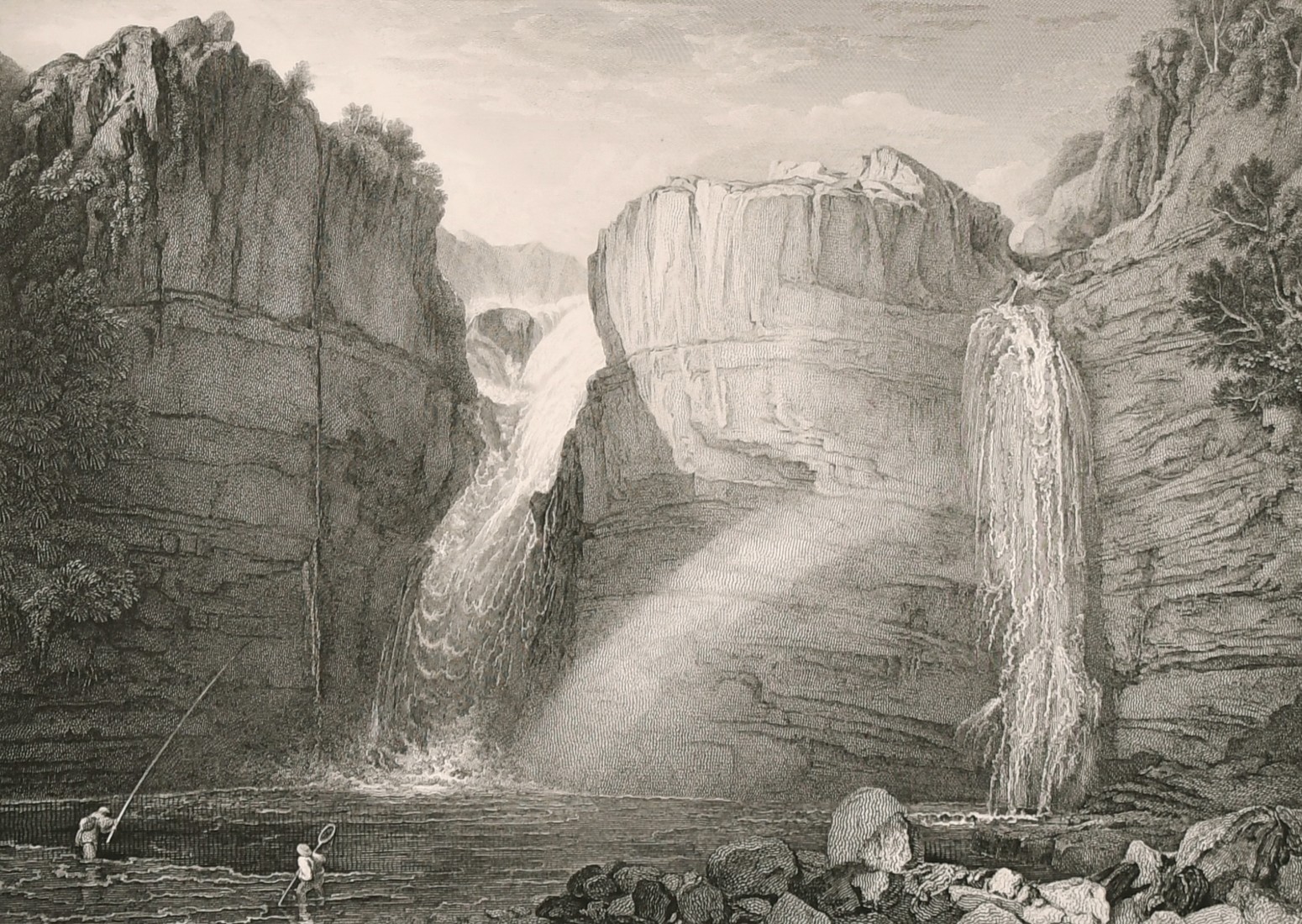 50125 40. Three 19th century engravings after Turner with mountainous river landscapes including '