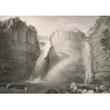 50125 40. Three 19th century engravings after Turner with mountainous river landscapes including '