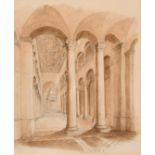 Mid-19th century English school, A study of the interior of St Agnesi church in Rome, pencil and