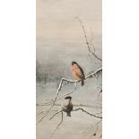 English School (circa. 1914), Two birds in a snowy winter landscape, oil on canvas, signed with