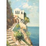 20th century Italian school, Buildings on the coast, oil on panel, inscribed 'Romeo Capri', 7" x