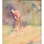 Isobel Gardner 20th century, scene of a golfer playing a shot, watercolour, signed, 8.5" x 7.5".