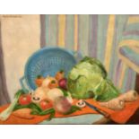 Douglas Swainson (20th century) 'Potpourri', A still life of mixed vegetables, oil on board,