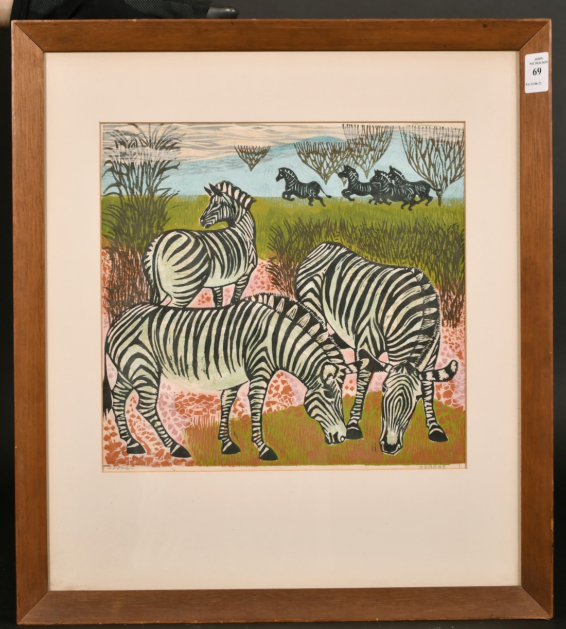Christine Clegg, 'Zebras', colour linocut, signed in pencil, 11.5" x 10.5". - Image 2 of 4