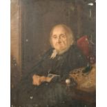 19th century, A portrait of a seated elderly lady, oil on canvas, 21" x 17", (unframed).
