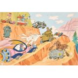 A cartoon illustration of a whacky races scene, watercolour, 9" x 13.5", (unframed).